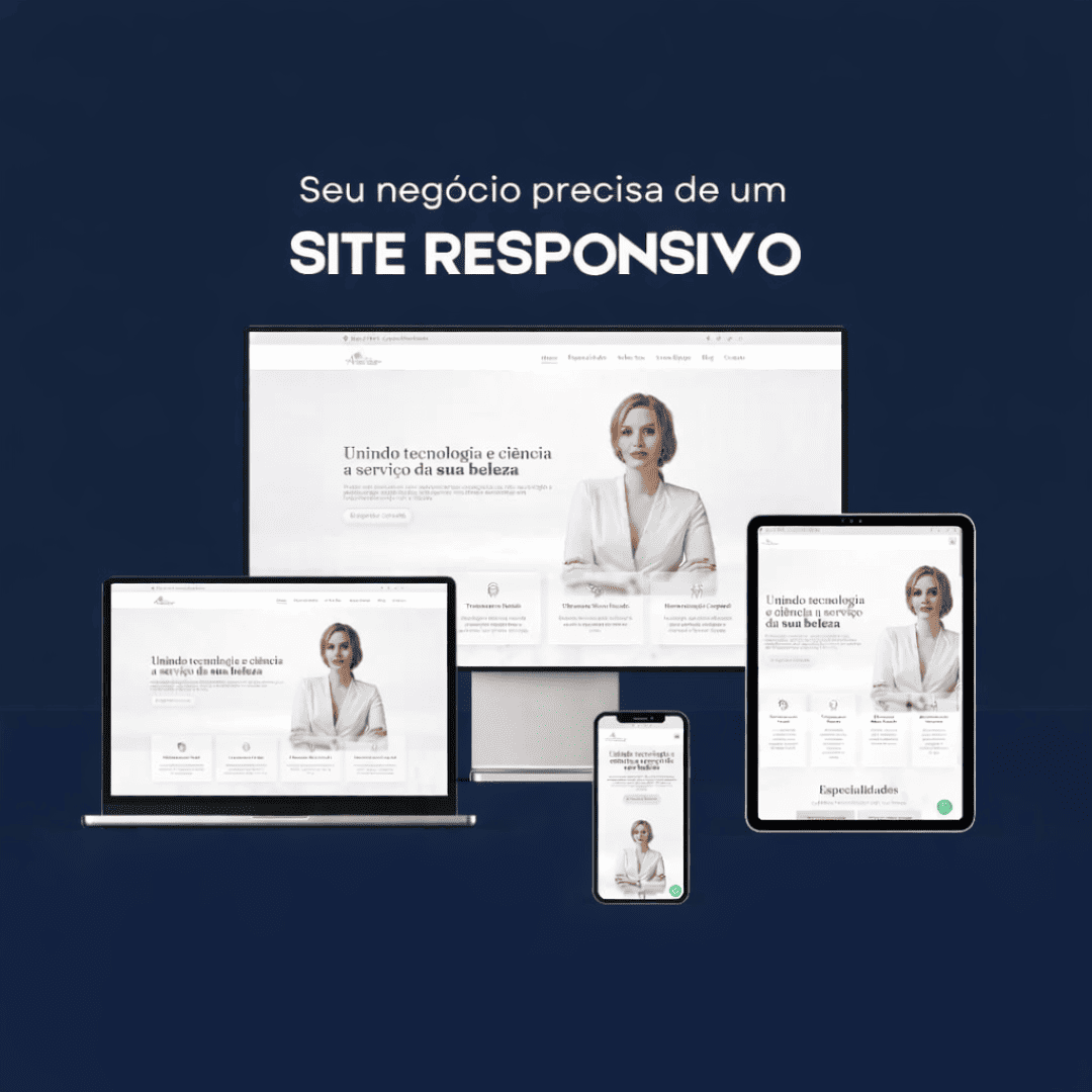 Exemplo de site responsivo exibido em desktop, notebook, tablet e smartphone, mostrando adaptação em diferentes dispositivos