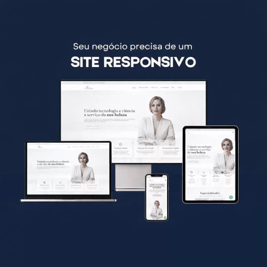 Exemplo de site responsivo exibido em desktop, notebook, tablet e smartphone, mostrando adaptação em diferentes dispositivos