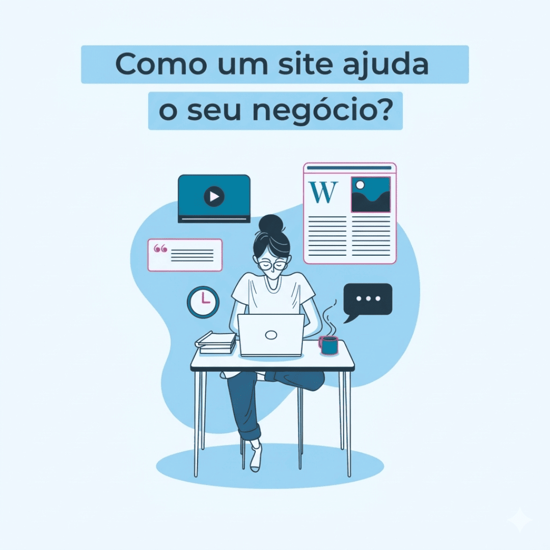 Ilustração de uma mulher trabalhando em um notebook com elementos de marketing digital ao redor, sobre fundo azul, com o texto "Como um site ajuda o seu negócio?