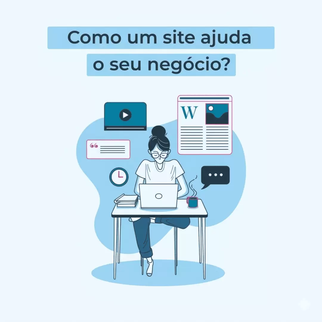 Ilustração de uma mulher trabalhando em um notebook com elementos de marketing digital ao redor, sobre fundo azul, com o texto "Como um site ajuda o seu negócio?