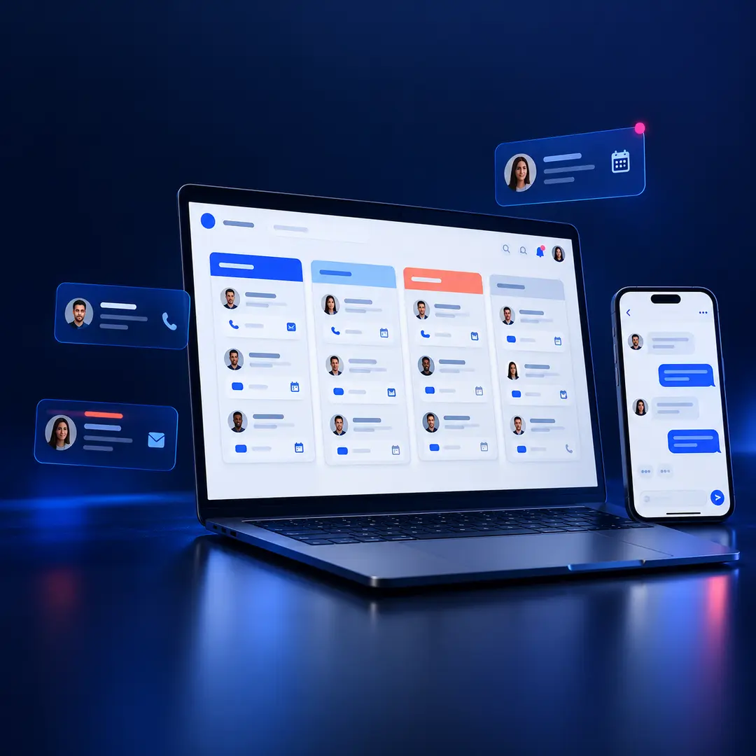 Notebook com painel ilustrativo de CRM nas vendas e celular com conversa, em tons de azul.