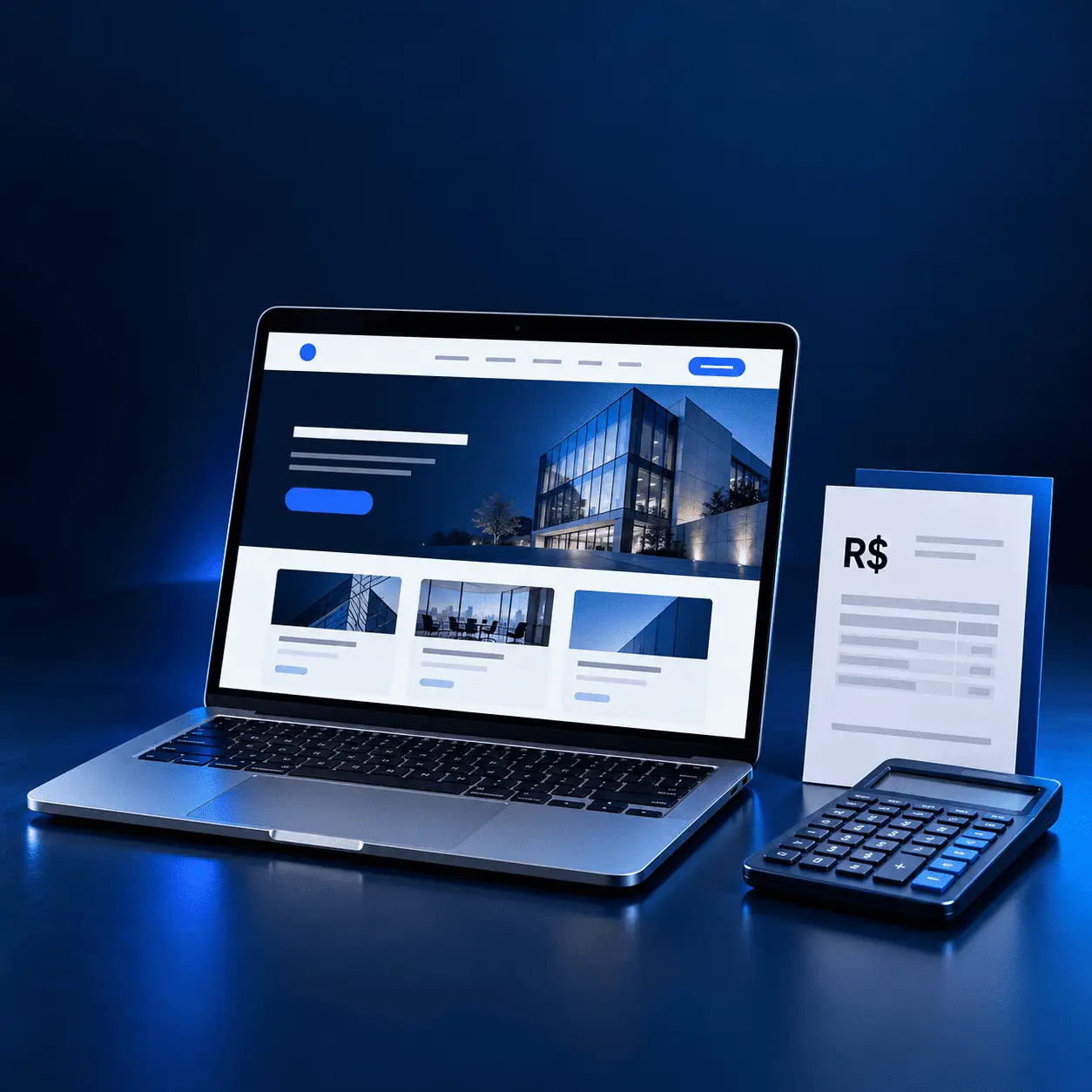 Notebook com site na tela, calculadora e orçamento em reais, ilustrando quanto custa criar um site profissional em 2026.